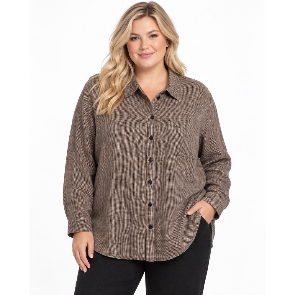 Flax Button Down Shirt women 18-20 Brown Linen Gingham Long Sleeve Pocket 1514